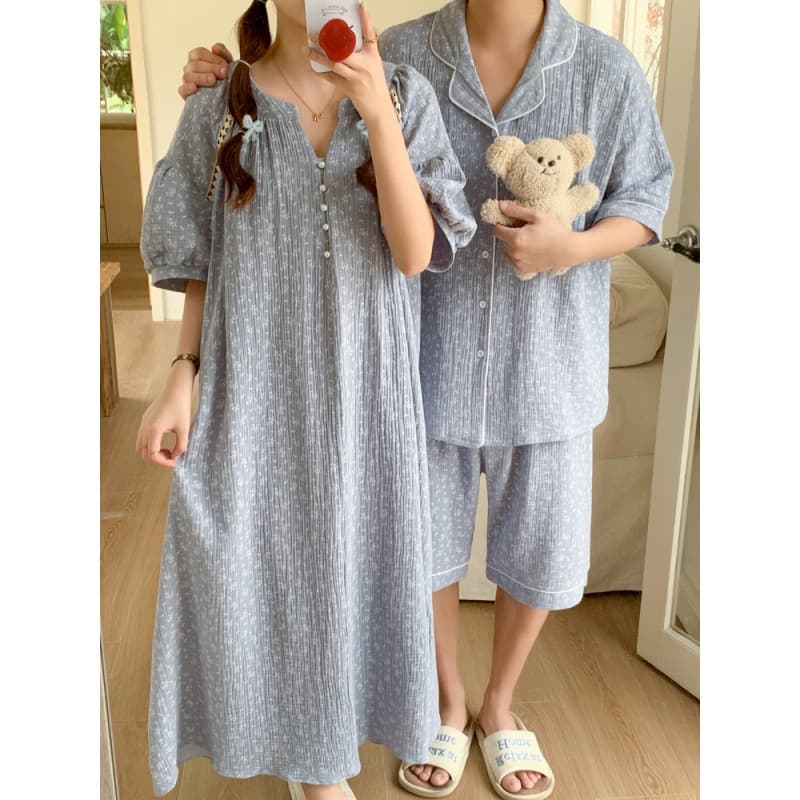 Cross-border supply for foreign trade couple pajamas sleep dress summer short sleeve floral hollow out casual home wear men's set