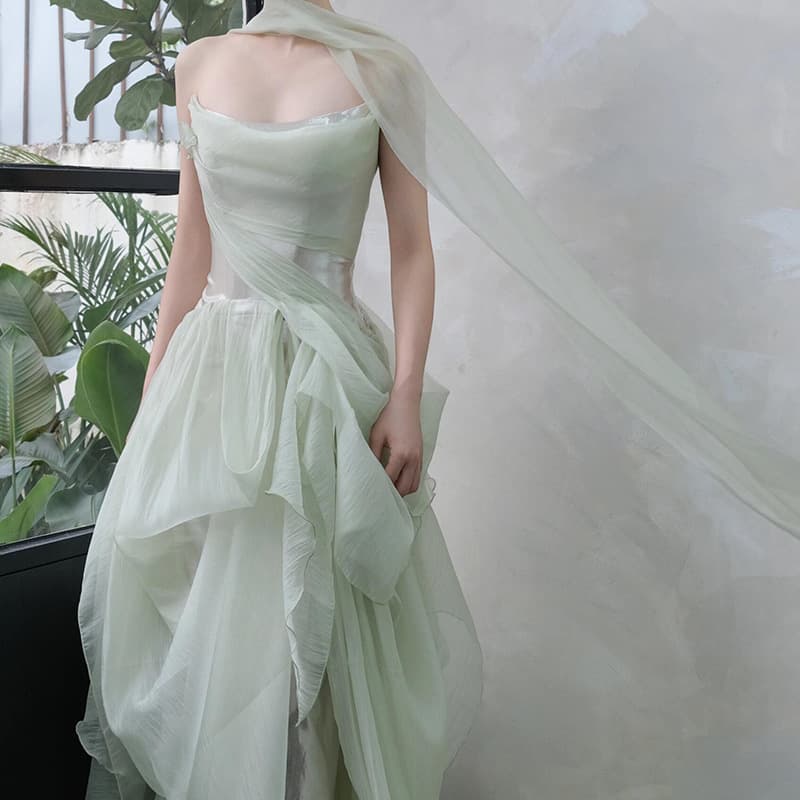Morning Photo Wedding Dress for Bride, French Elegant Green Strapless Evening Gown, Banquet Toast Dress, Long Dress