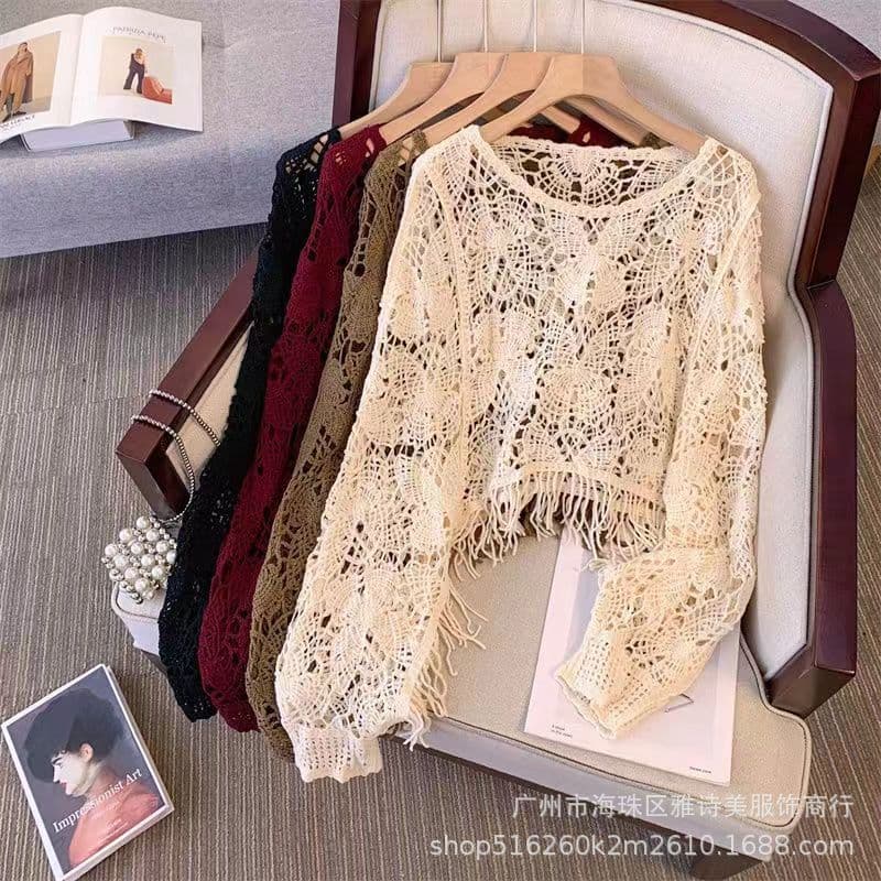 Hollow Short Sweater Wool Knit Design Solid Color 2025 Fall Short Sweater Air Conditioning Fringe Jacket Top Women