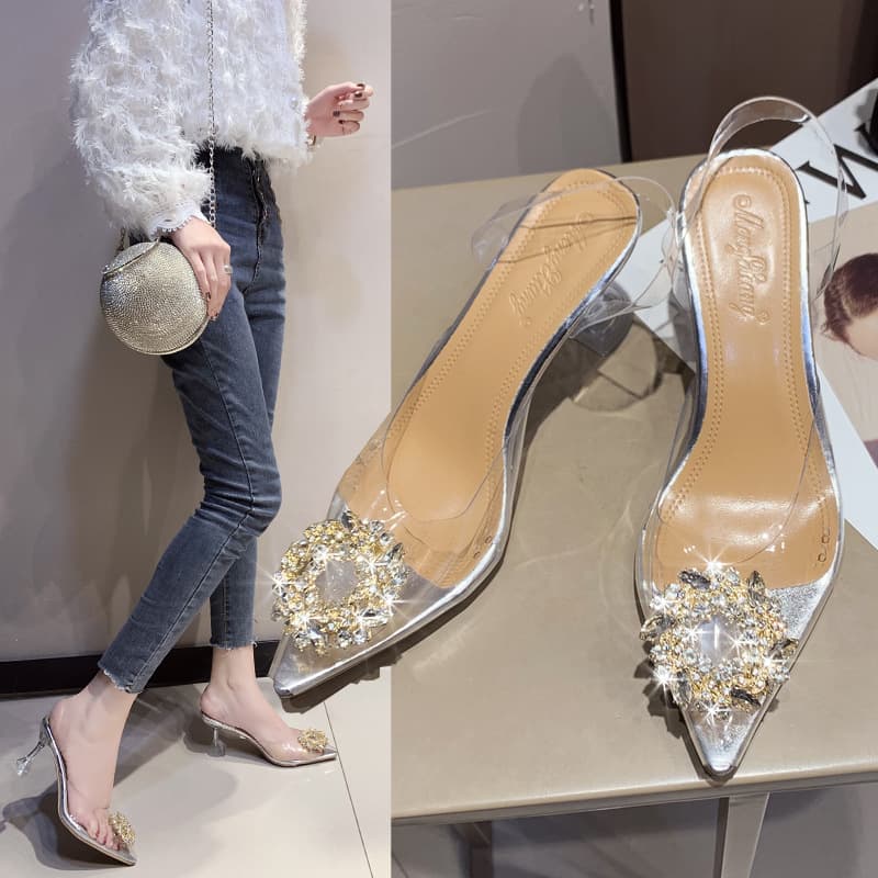 Women's Sandals 2024 Summer New Style Transparent High Heels Thin Heel Pointed Toe Rhinestone Women's Shoes Clear Heel Sandals