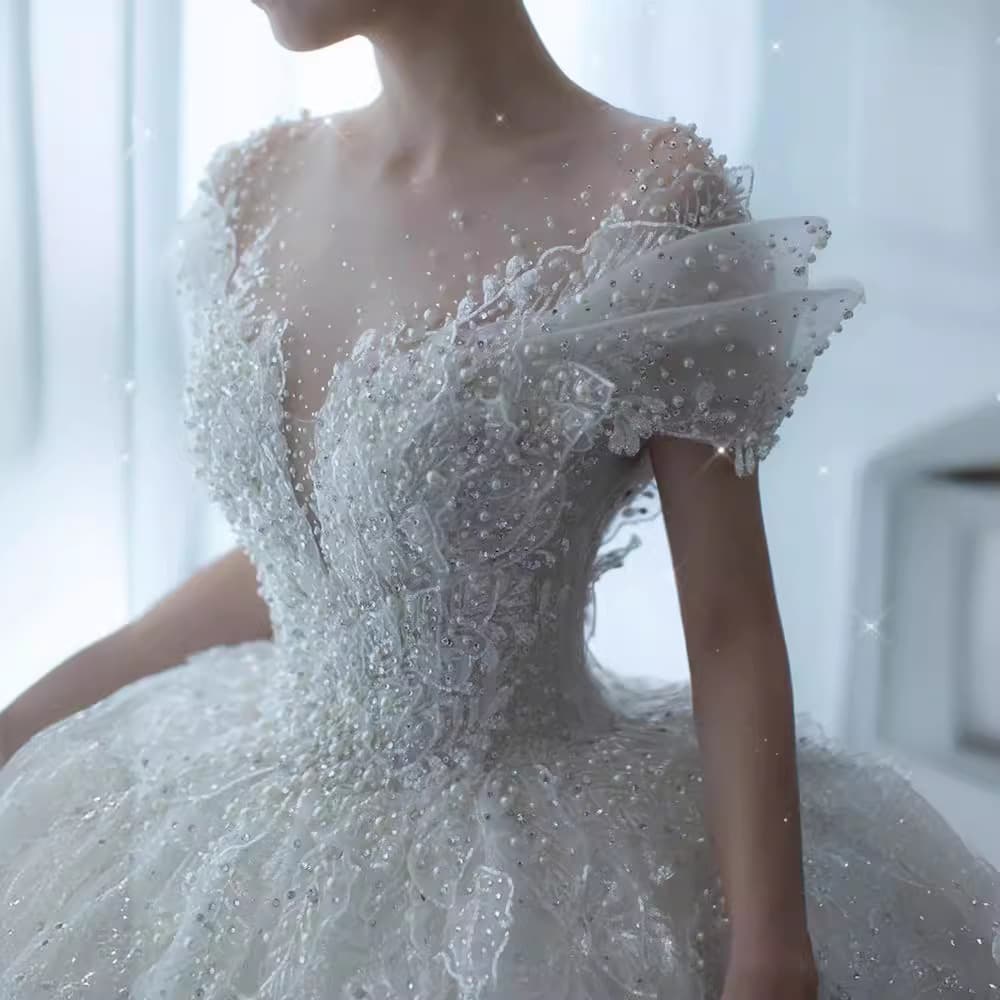 High-End Custom Princess Style Wedding Dress One-Shoulder Slim Fit Luxurious Pearl Train Bridal Gown