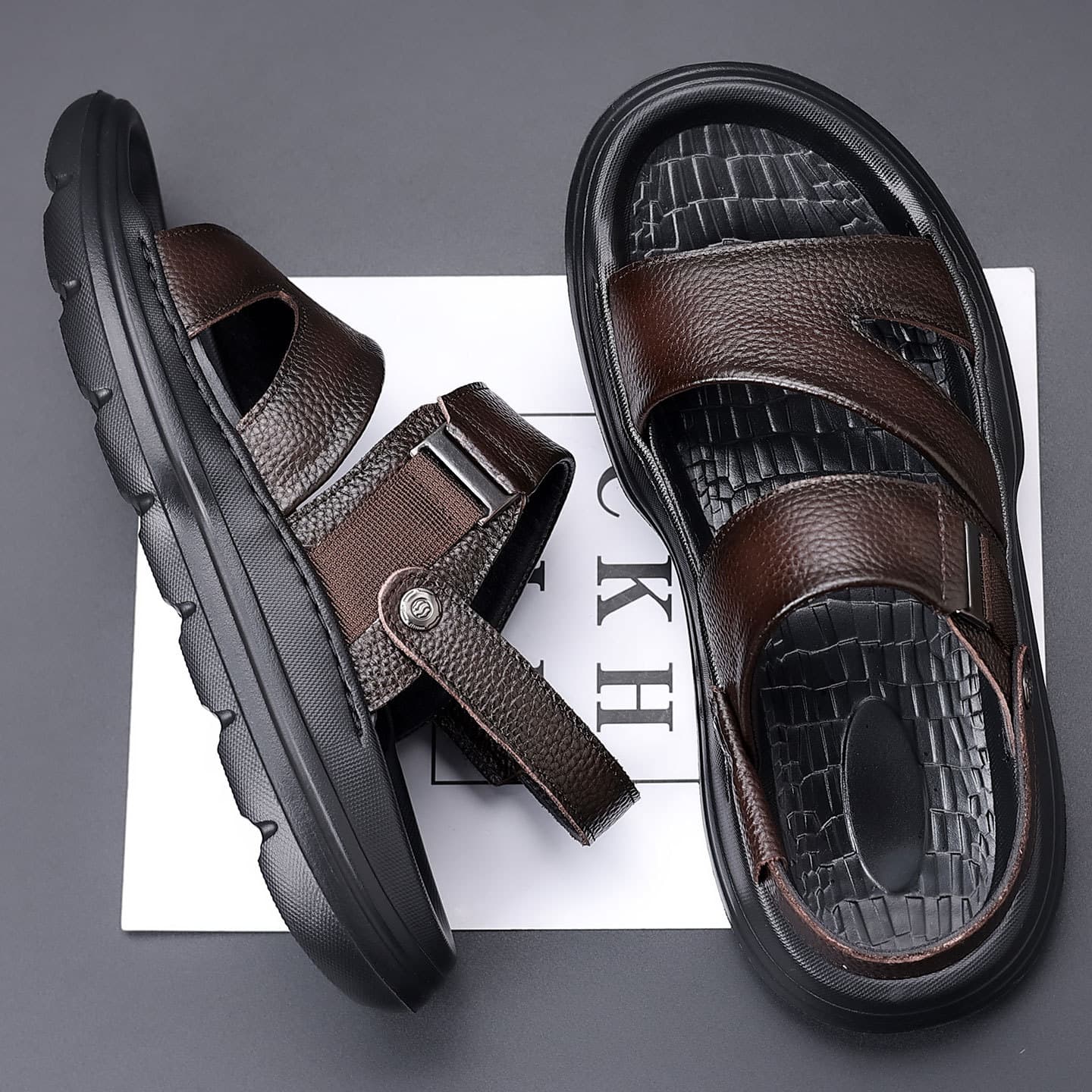 New Style Top Layer Leather Casual Sandals for Men, Thick Sole, Non-Slip, Simple, Versatile Two-Way Sandals