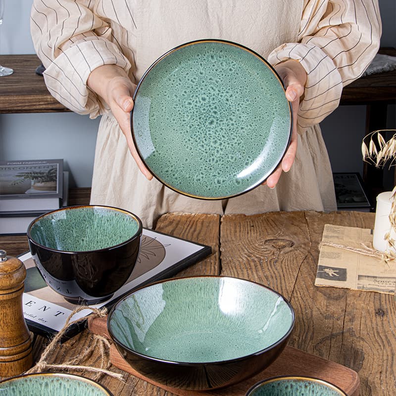 Ceramic Tableware Steak Plate Salad Bowl Noodle Bowl Dish Bowl Kiln-Fired Peacock Bowl Chopsticks Instant Noodles Nordic Style Retro Home Use