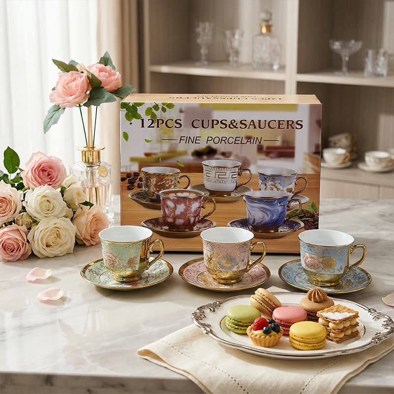 European-Style Gold-Plated Coffee Cup and Saucer, High-End Luxury Retro Tea Set, Cup Gift Box Set, Ceramic Afternoon Tea Cup and Saucer