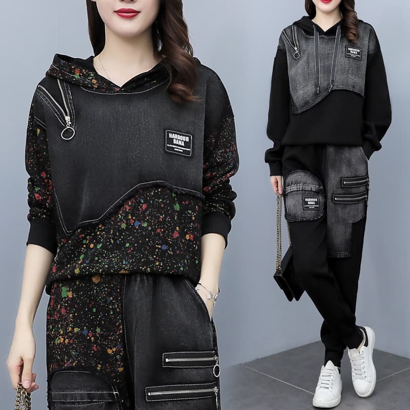 Plus Size Slimming Denim Set Korean Style Women's 2026 New Spring Autumn Casual Sportswear Hoodie and Pants Two-Piece Set