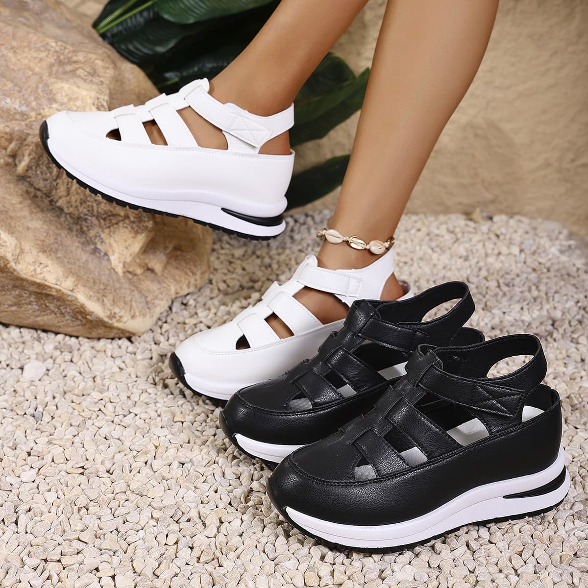 Summer new wedge sandals with hollow toe and breathable women's foreign trade large size sponge cake thick bottom Velcro women's shoes size 44