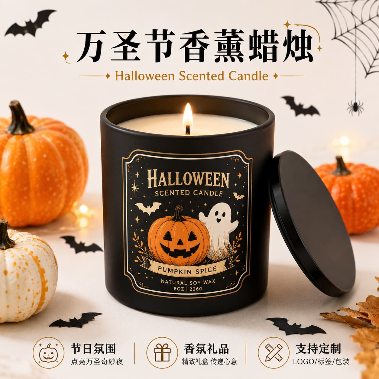 Custom Halloween Candles, Ghost Pumpkin Glass Cups, Aromatherapy Candles, OEM Natural Soy Wax Cross-Border Candles