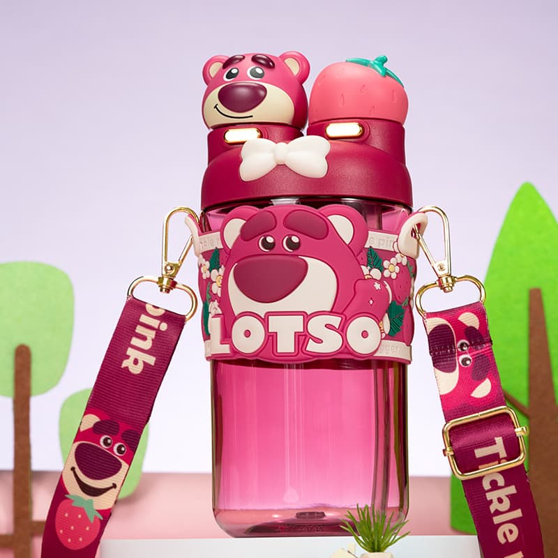 Authentic Disney Strawberry Bear Kettle Straw Drinking Straw Double Drinking Cup Pink High-Looking Cup Strap New Product Wholesale