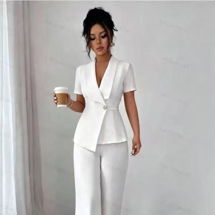 2026 New Solid Color Waist Button Short Sleeve Blazer and Pants Set, Suitable for Commuting and Professional Occasions
