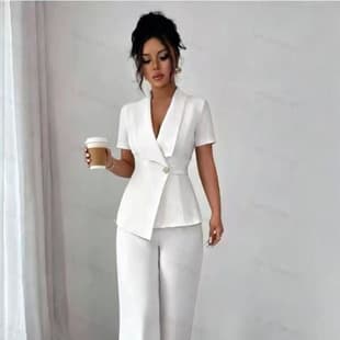 2026 New Solid Color Waist Button Short Sleeve Blazer and Pants Set, Suitable for Commuting and Professional Occasions