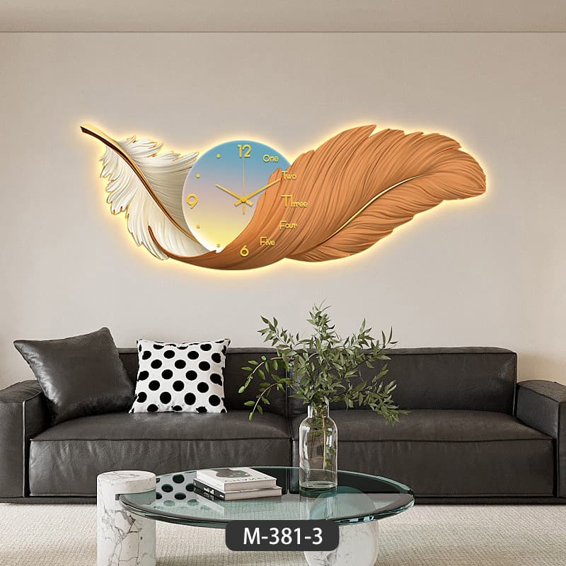 LED Illuminated Clock Wall Art Feather Light Luxury High-End Dining Room Decoration Living Room Hanging Painting