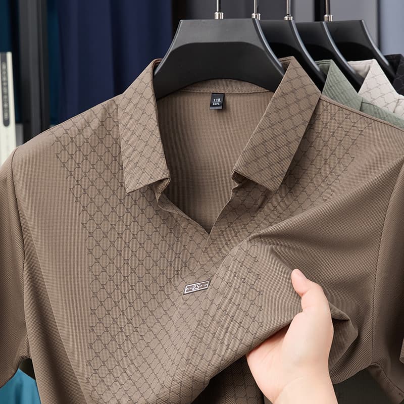 Summer Full Seamless Short Sleeve Polo Shirt with Collar, Loose Breathable Men's V-Neck T-Shirt Jacket, Export Men's Clothing
