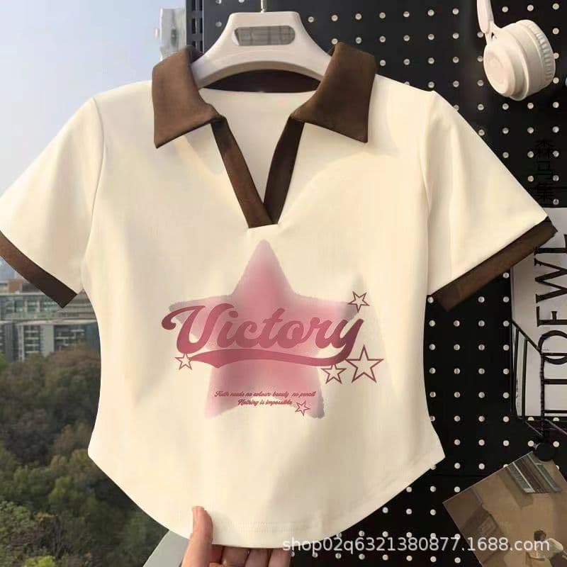 2026 New Trendy Internet Celebrity Instagram Hot Slim-Fit Polo Sweet Cool Short-Sleeve T-Shirt Loose Women's Summer Student Top Fashion