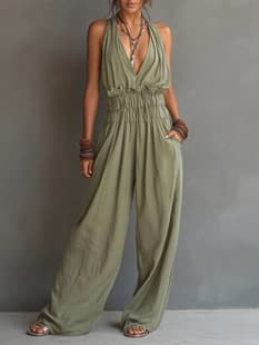 European and American Cross-Border Women's Clothing Summer Street Sexy Deep V-Neck Backless Tie Strap Halter Wide Leg Jumpsuit