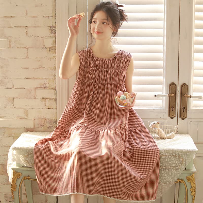 Summer Pajamas for Women, All-Cotton Gauze, Long, Over-The-Knee, Loose-Fitting, Plus-Size Loungewear That Can Be Worn Outside, Sleeveless Nightgown 59