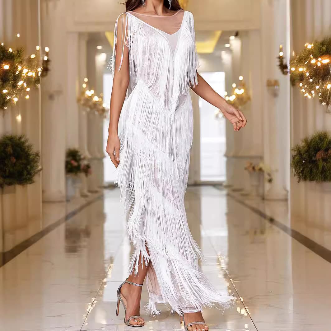 Elegant Women's Fringe Round Neck Long Dress for Wedding Party, Prom, Cocktail, Amazon Fashion