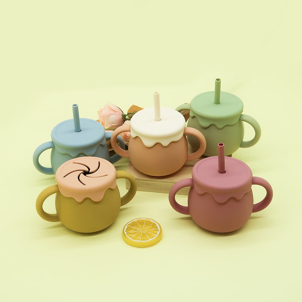 Cross-Border Wholesale Ins Style Color-Block Children's Straw Cup 2-in-1 with Handle Silicone Snack Cup, Baby Training Cup