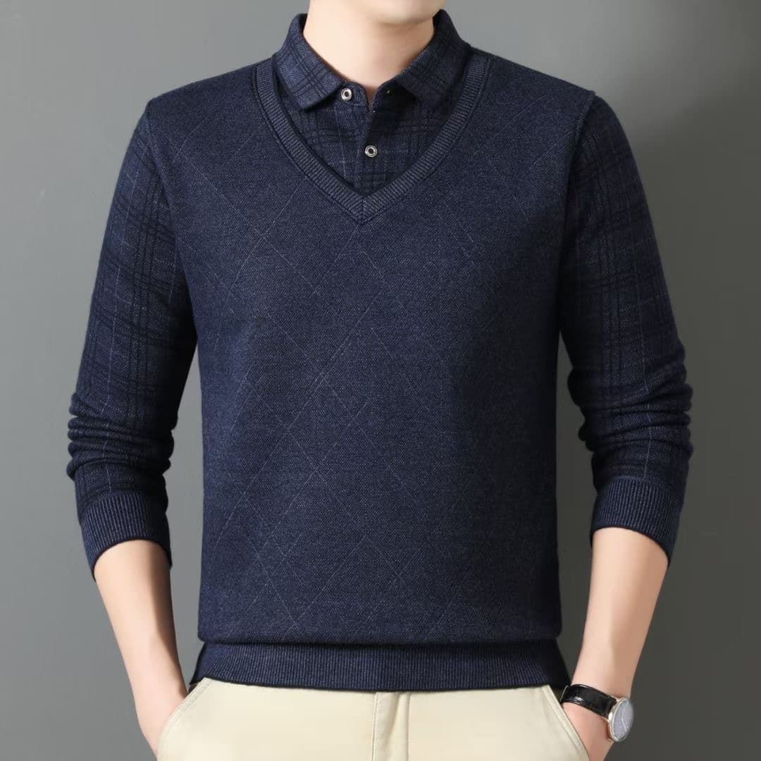 Men's Winter Thermal Knit Sweater, Thickened Fleece-Lined Long-Sleeve Top, Middle-Aged & Elderly Style, Faux Two-Layer Base Layer