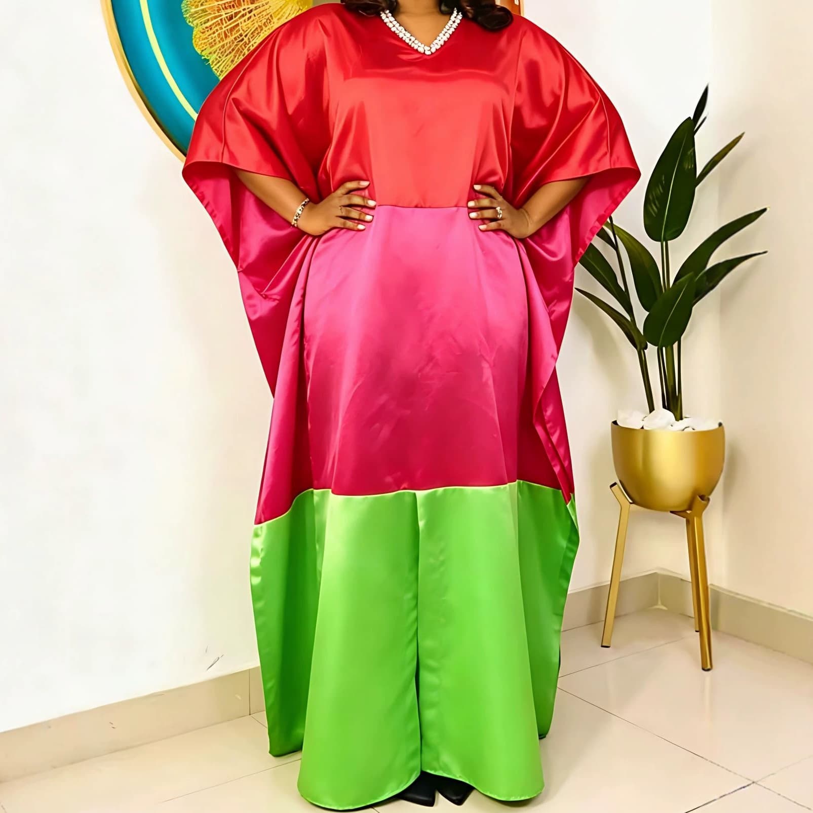 New Cross-Border African Party Dress V-Neck Pearl Decor Batwing Sleeve Contrast Satin Robe Dresses