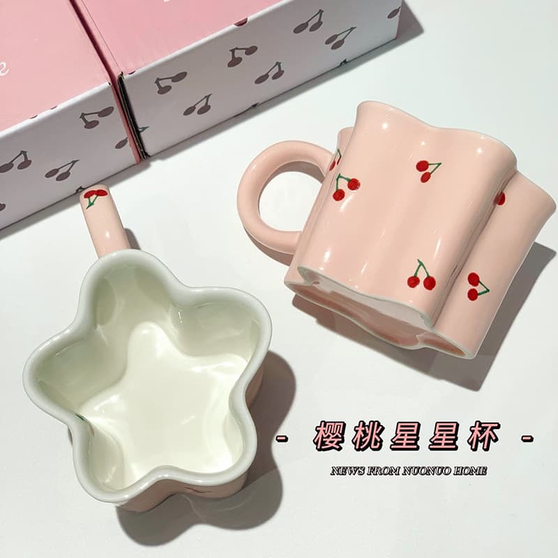 Star Cherry Ceramic Mug Pink Girl Heart Mug Children's Breakfast Cup Cute Milk Water Cup Coffee Cup