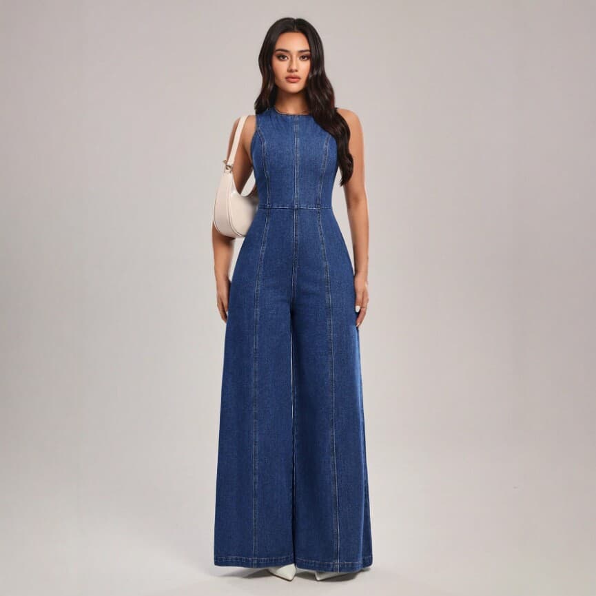 2026 New European and American Style Cross-border Denim Jumpsuit Sleeveless Wide-leg Slim Suspender Long Pants Fashion Women's Clothing