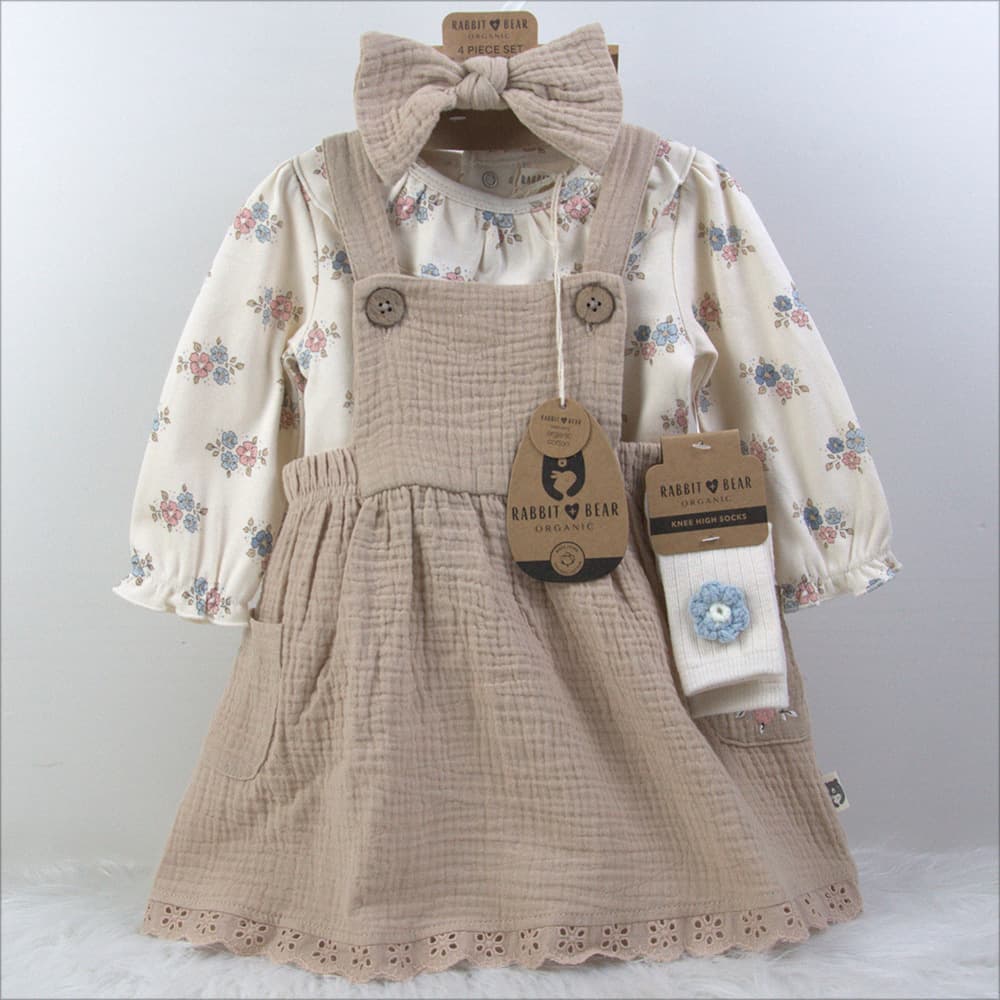Newborn Baby Girl Headband Socks Skirt Bodysuit 4-Piece Set