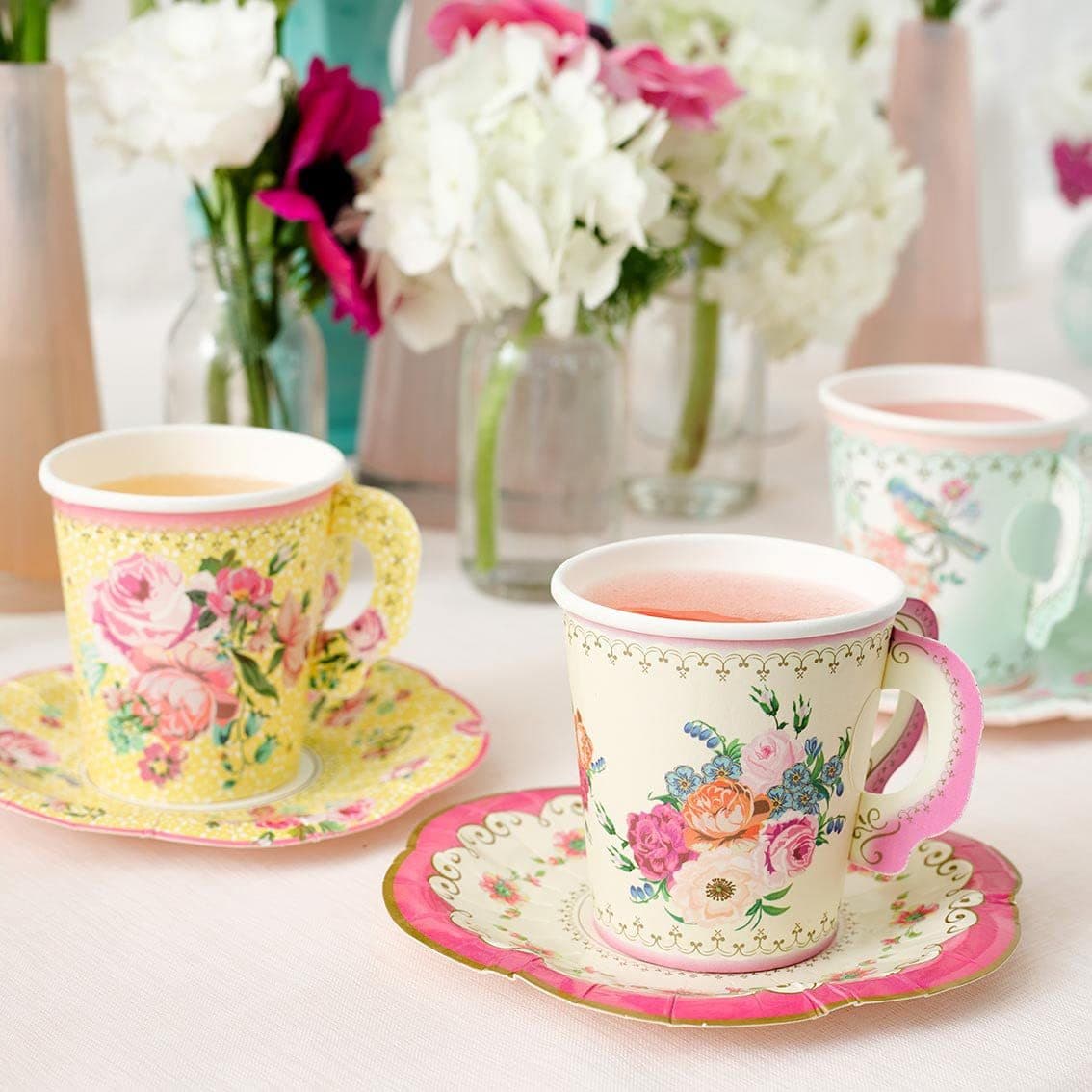 Party Supplies Floral Decorated 6-inch Paper Plate Handled Cups 9oz Suit Scene Setting Disposable Tableware