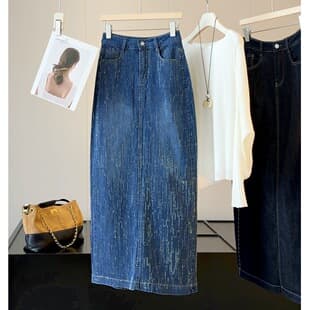 Cross-border Amazon Heavy Craft Rhinestone Denim Long Skirt for Women, Fall High-Waist Slit Slimming Tall Pencil Skirt