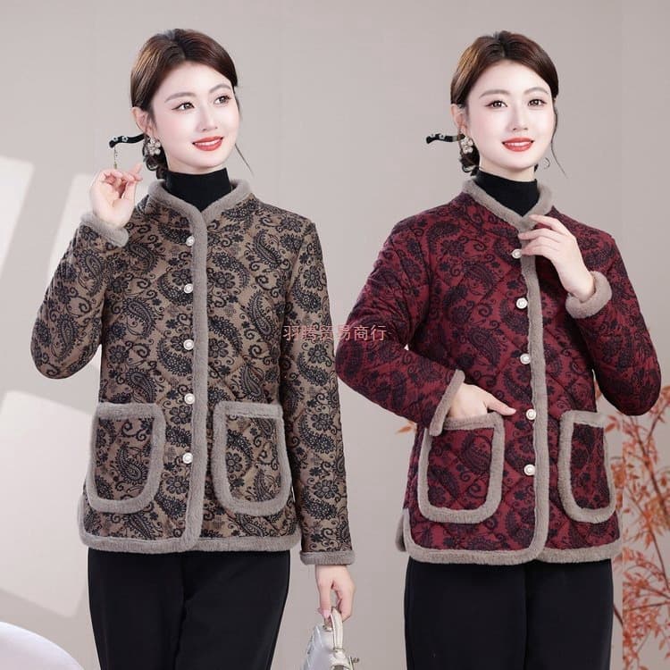 Mother Outfit Autumn/Winter New Thick Long Sleeve Cotton Jacket Outerwear Middle-Aged Women's Clothing Fleece-Lined Plus Size Stand Collar Cotton Coat