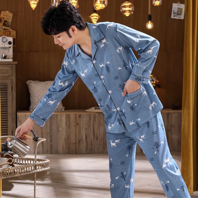 Men's Long Sleeve Cotton Knit Pajama Set Printing Cardigan Lapel Home Clothes Suit Cross-border Style For Spring Autumn Winter