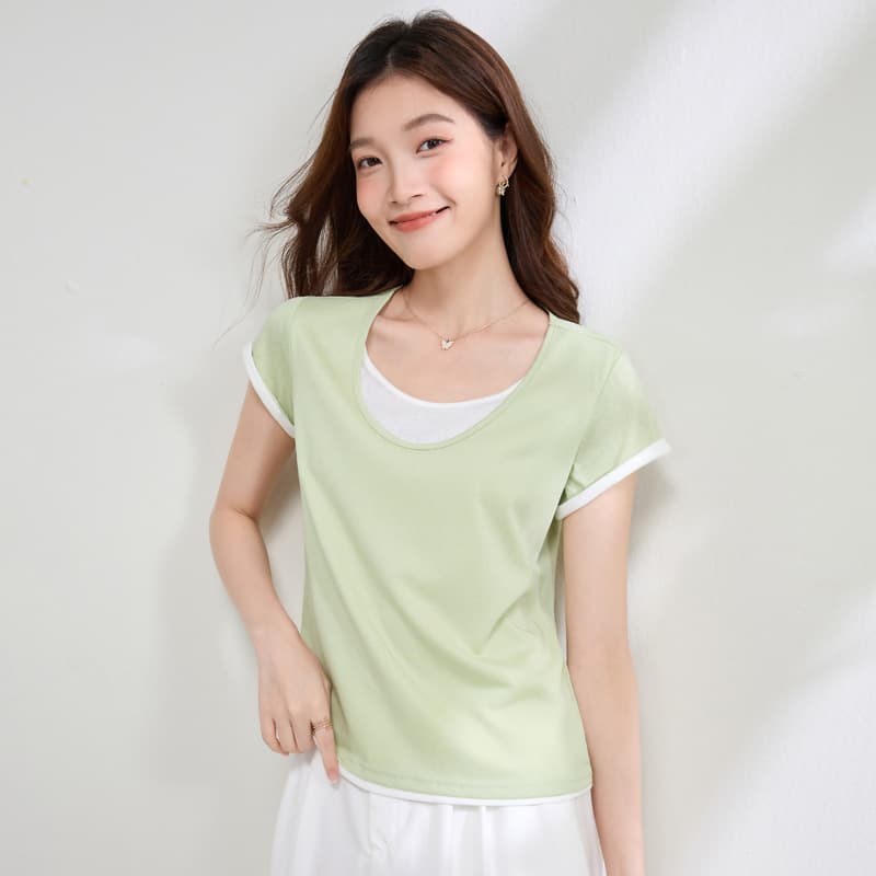 Yb566 # Summer Korean-Style Outfit U-Neck Color-Blocked Fake Two-Piece Short-Sleeve T-Shirt for Women, Loose and Versatile Top