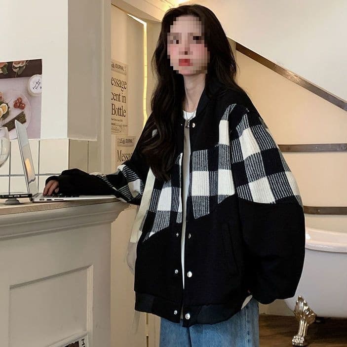 American Retro Color-Block Patchwork Plaid Baseball Jacket, Spring/Autumn New Arrival, Loose Korean Style Student Versatile Outerwear for Women, Trendy