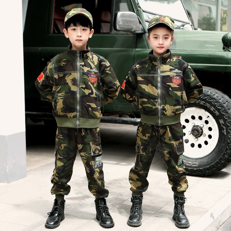 Boys' and girls' pure cotton camouflage suit set, no pilling, no fading, new style for spring and autumn, military training, performance, and outdoor sports.