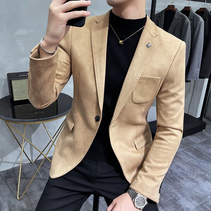 Men's Wool Blend Blazer Slim Fit One-Button Notch Lapel Korean Style Casual Sport Coat Single Breasted