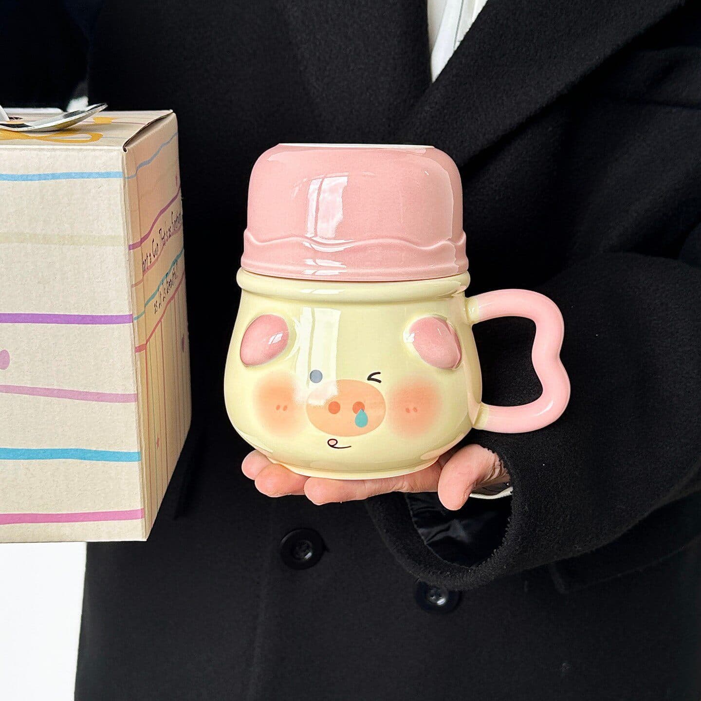Super Cute Pig Mug with Lid Gift Box Set for Home Office Men Women Couples Drinking Cup