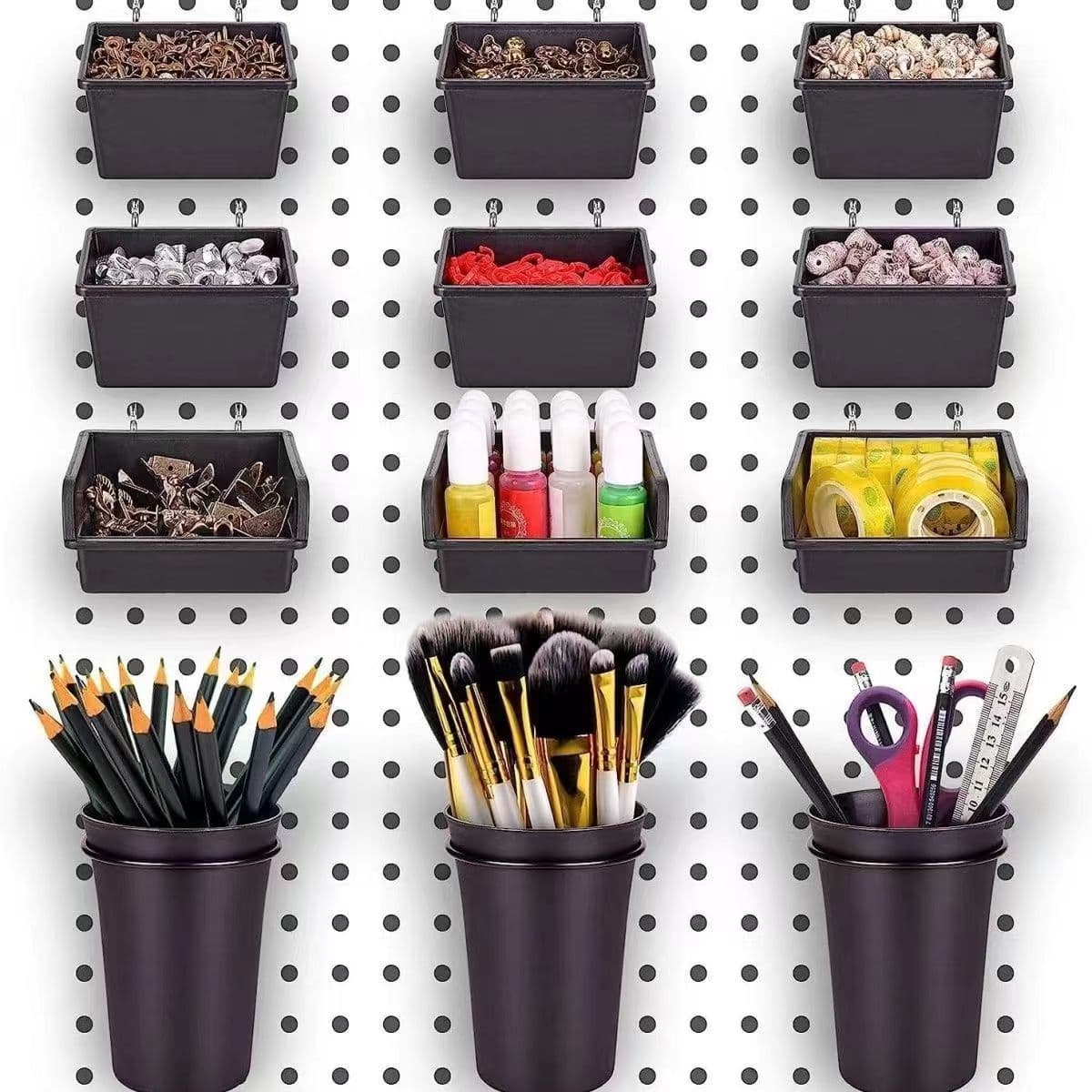 No-drill pegboard accessories with thickened hardware slant-front parts boxes, hook-mounted plastic storage containers.