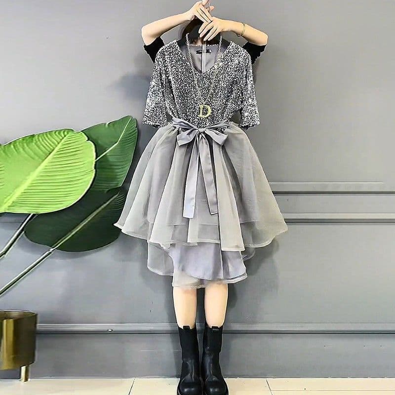 2025 new summer style small fragrant sequin patchwork mesh dress women's waist slimming large size mid-length skirt
