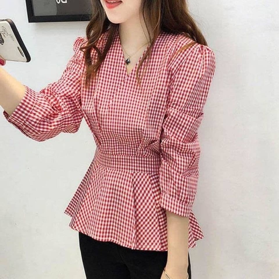 2024 Autumn New Korean Style Versatile Top Fashion Slim Fit Long Sleeve Plaid Shirt Women V-Neck Blouse