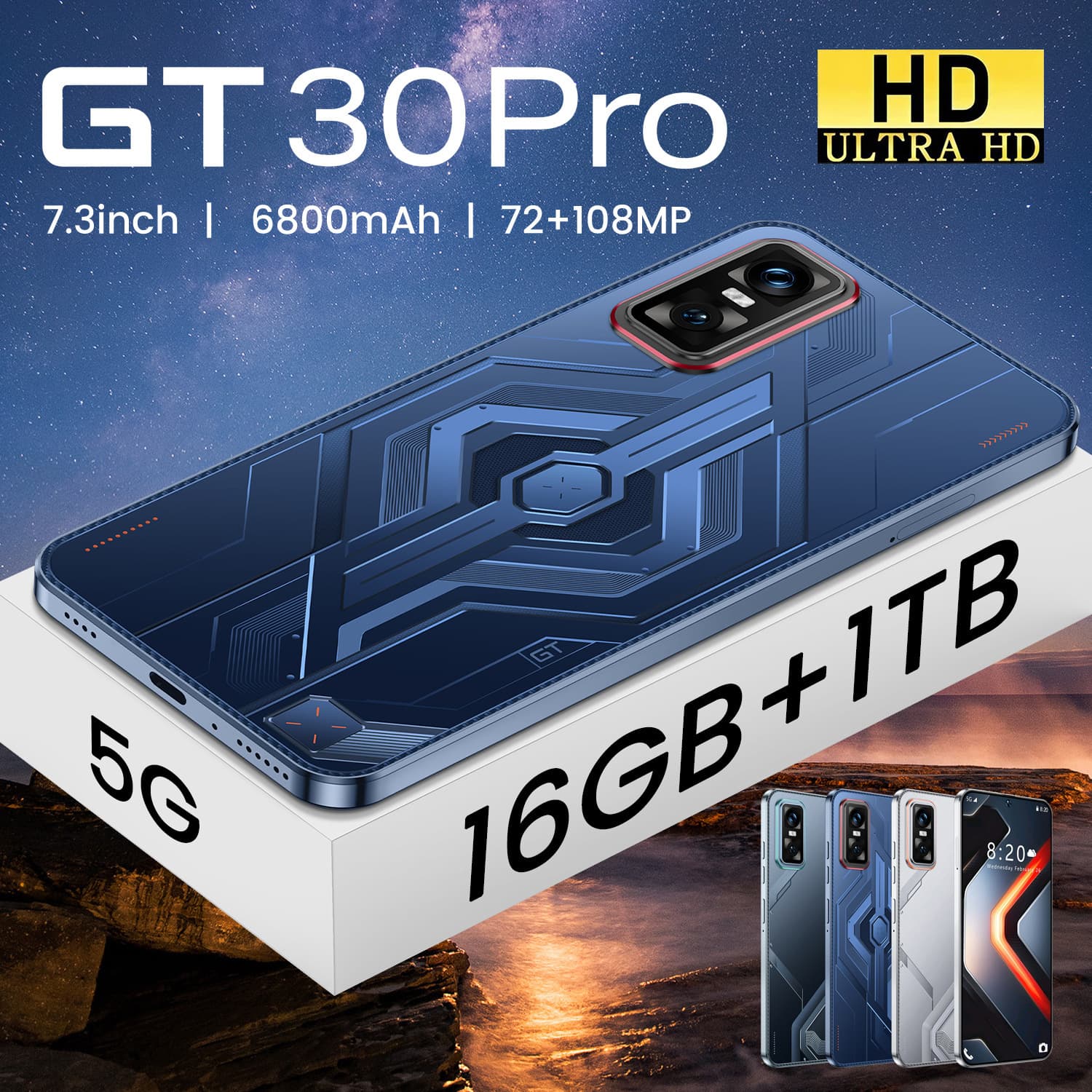 New Cross-Border Phone GT30 Pro HD Screen Android 16+1TB Smart 5G Phone Factory Direct Wholesale Price