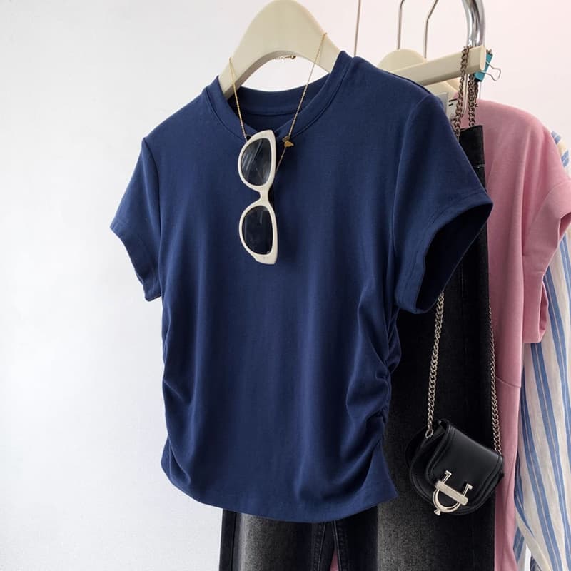 Fashion Xizang Blue Pure Cotton Shoulder Waist Short Sleeve T-shirt Women's Summer New Round Neck Pleated Base T-shirt Top