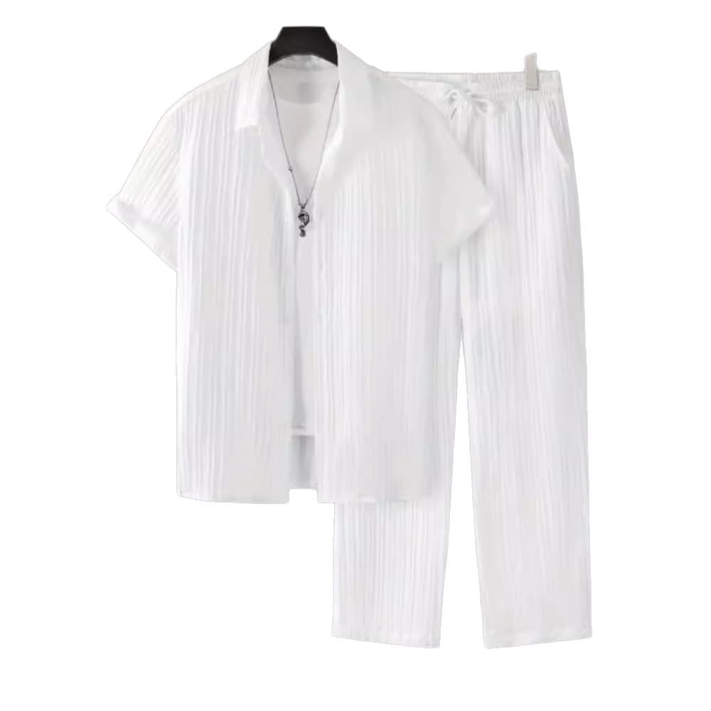 2025 Amazon Cross-border Foreign Trade Men's Striped Short-sleeve Shirt Button-down Lapel Drawstring Long Pants Set
