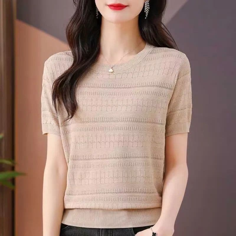Ice Silk Knitwear Round Neck Short Sleeve T-Shirt New Summer Style Fashionable Loose Hollow Thin Top Lightweight