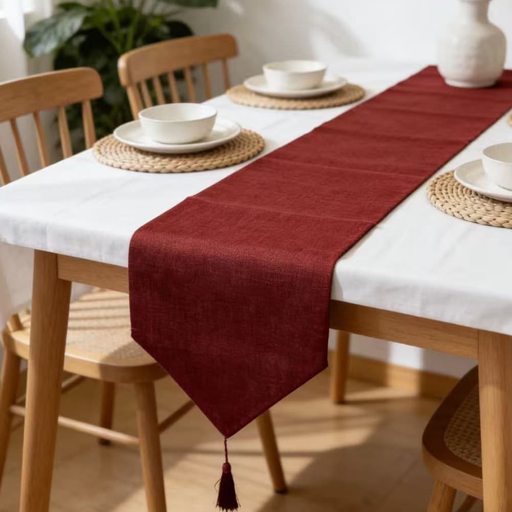 Cross-Border New Red Linen-Like Table Runner Wedding Table Runner Dining Table Decoration Tablecloth Double Layer Linen-Like American Style Table Runner