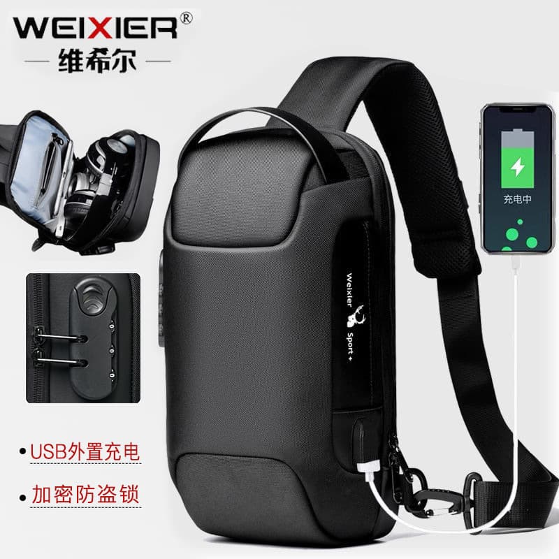 Men's Anti-theft Large Capacity Sports Motorcycle Chest Bag Crossbody Single Shoulder Bag Black Durable Leather Fashionable