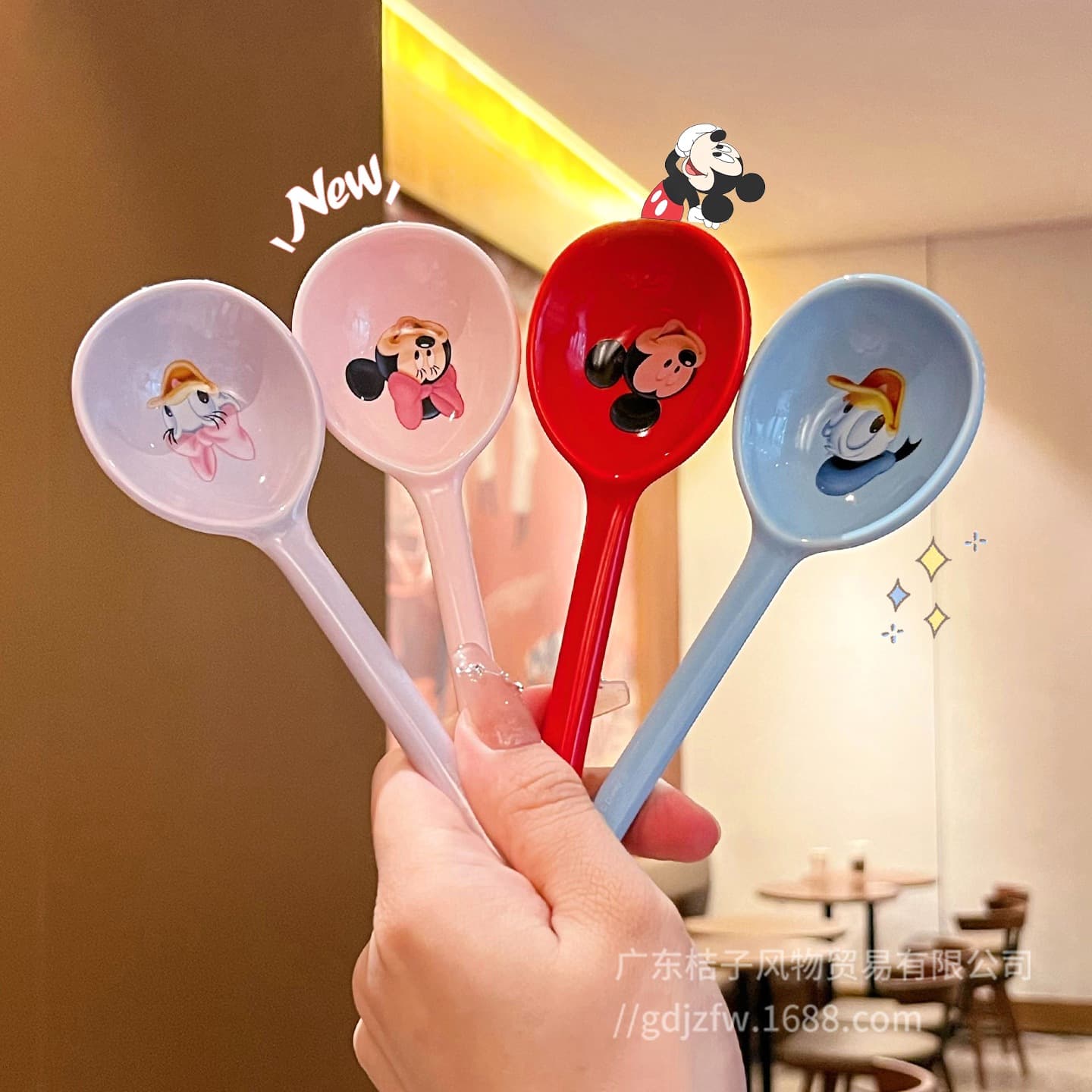 Official Disney Mickey and Minnie Ceramic Long Handle Spoon for Soup and Rice, Cute High Appearance, Household Dessert Spoon