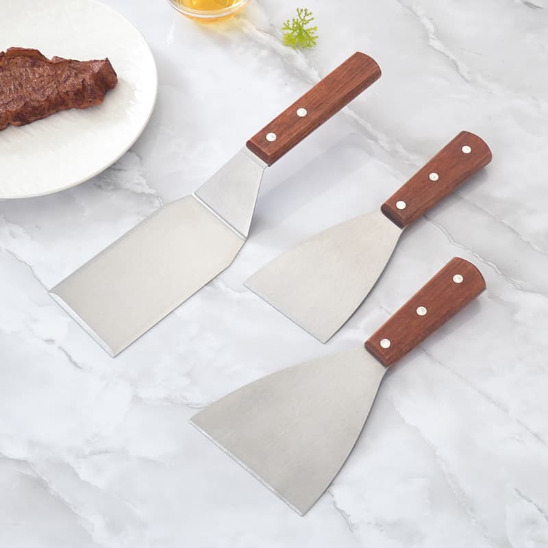 Stainless Steel Cooking Spatula with Wooden Handle, Three-Sided Sharp Edge, Flat Spatula for Steak, Teppanyaki Frying Spatula, Angled Spatula, Pizza Spatula Knife