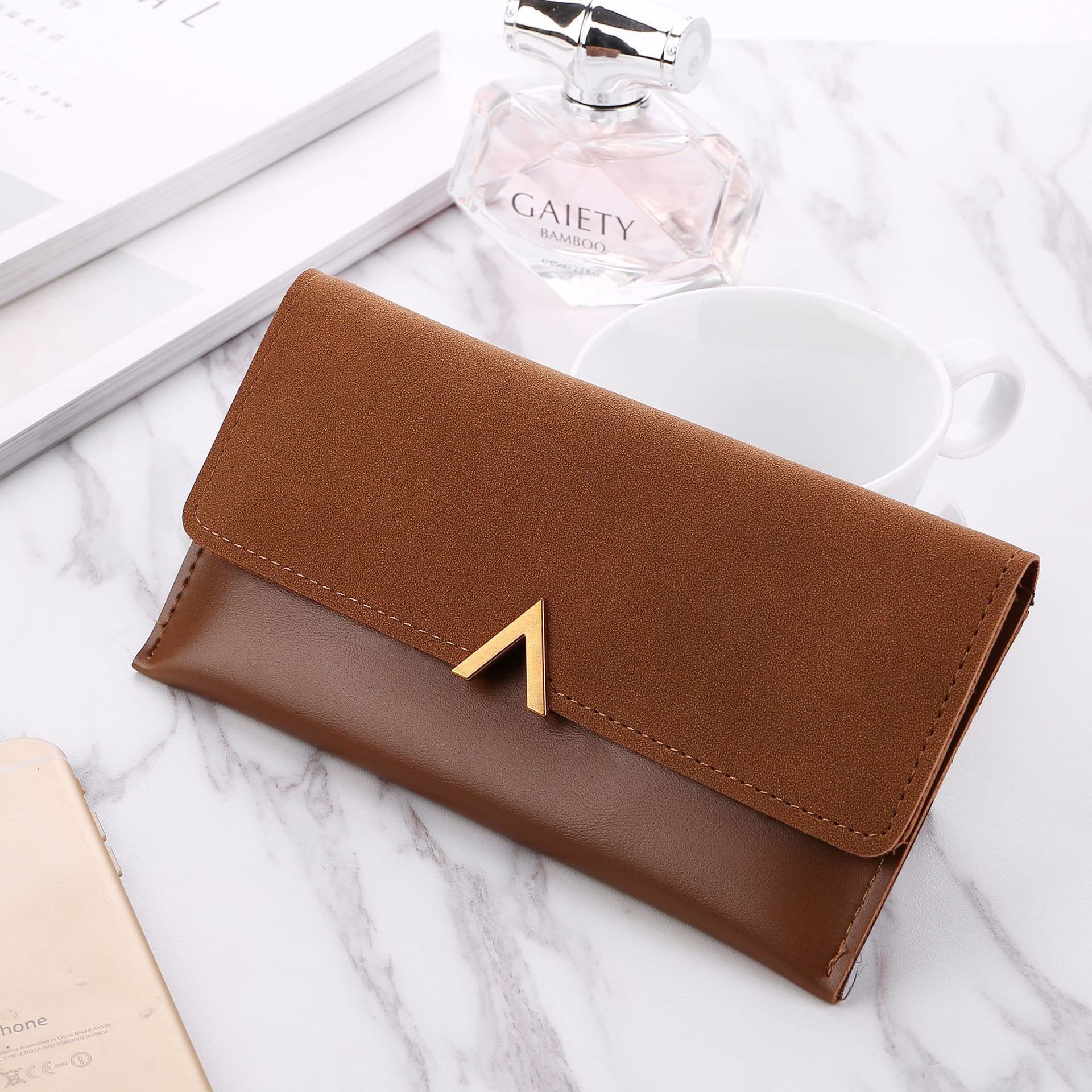 New Korean Style Women's Tri-fold Long Wallet with Color Blocking, Frosted Leather, Metal V-Clasp, Fashionable Contrast Color