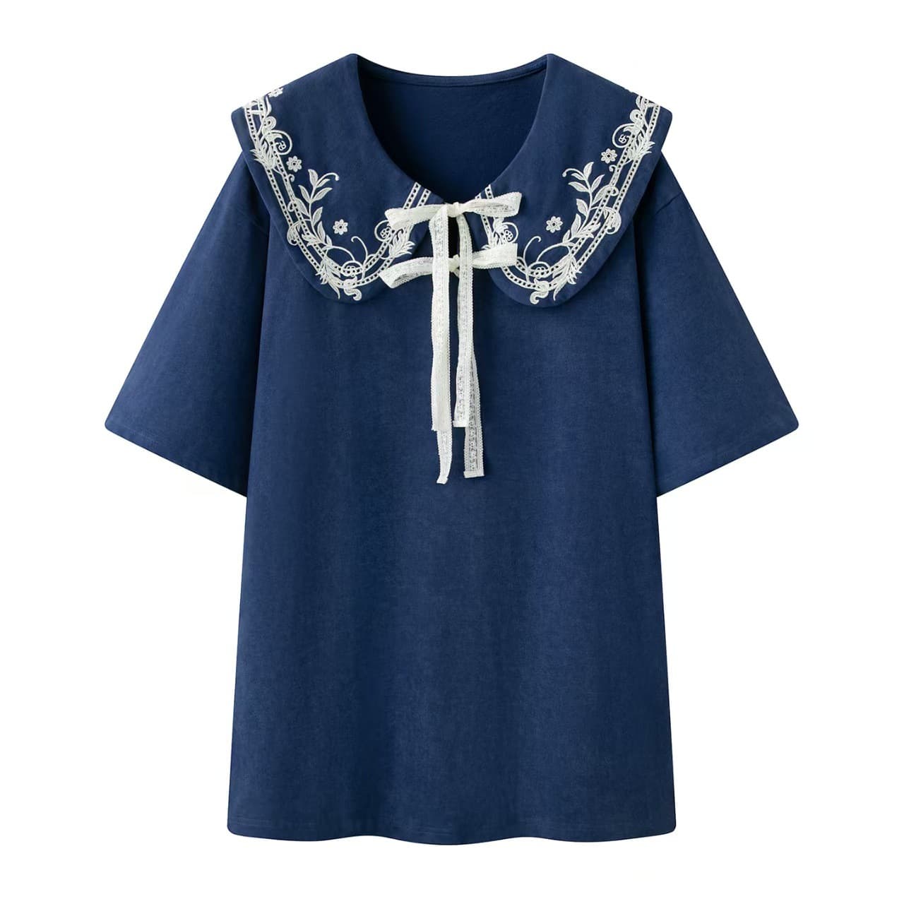 In Stock 2026 Summer New Casual Oversized Lace Embroidered Doll Collar Tie Sweet Style Short Sleeve T-Shirt