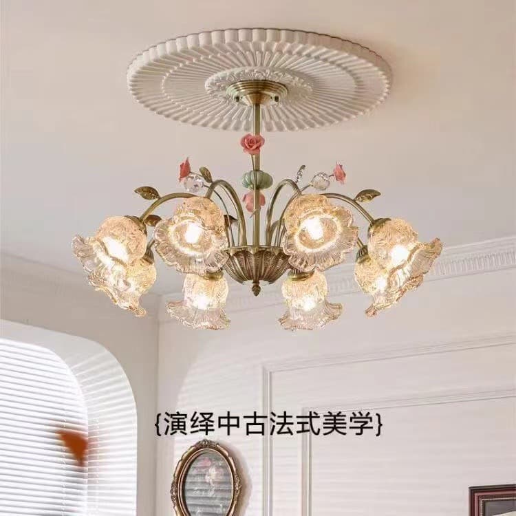 French pastoral style living room chandelier, retro art, romantic ceramic rose, high-end medieval master bedroom chandelier