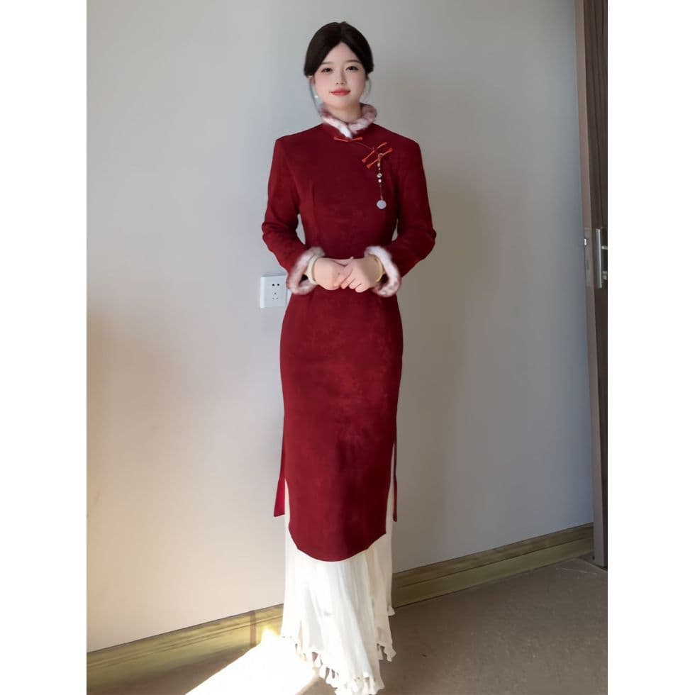 New Chinese Style Velvet Modified Cheongsam Dress, Elegant Slim Fit Banquet Dress for Important Occasions, 25 Winter